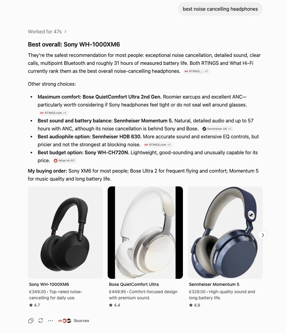 "best noise cancelling headphones" entered on ChatGPT showing a detailed response with recommendations, pros and cons, etc.