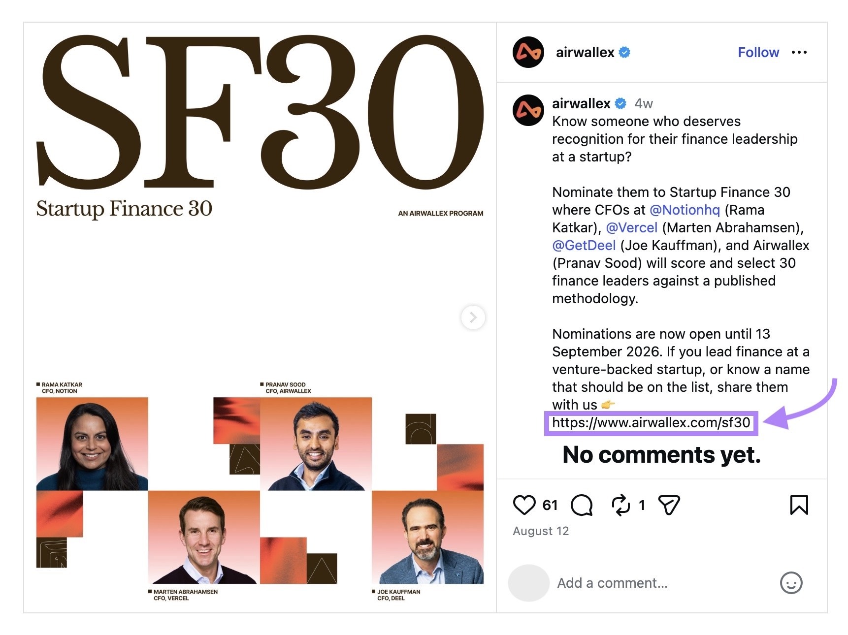A post on Instagram with the un-clickable link in the post description highlighted.