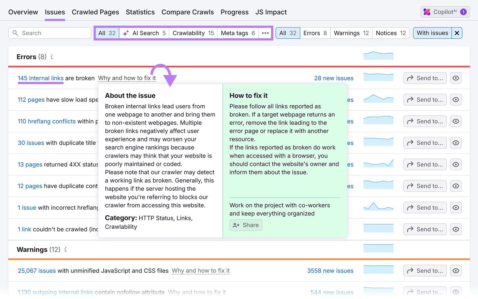 Site audit error details showing broken internal links and fix instructions.