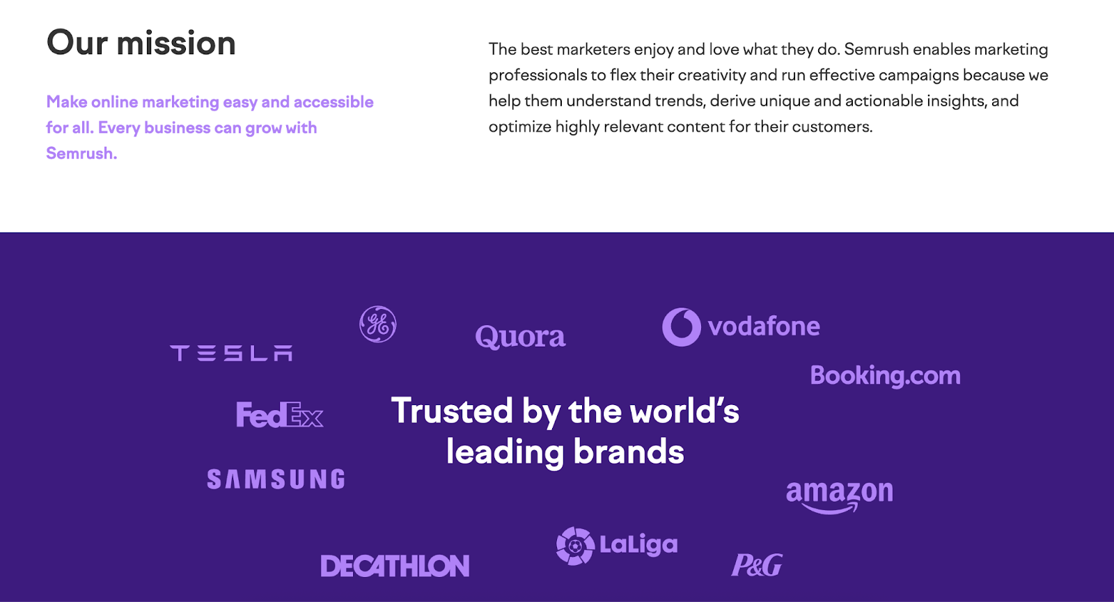 Part of the about us page features a section on the brand's mission and which brands are customers.