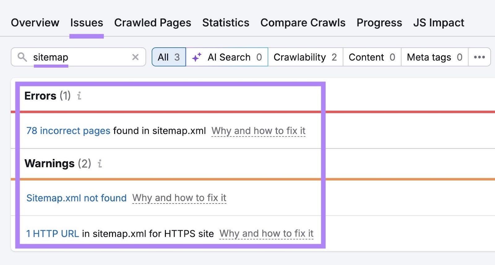 The "Issues" tab on Site Audit with "sitemap" entered showing a list of sitemap errors and warnings affecting a site.