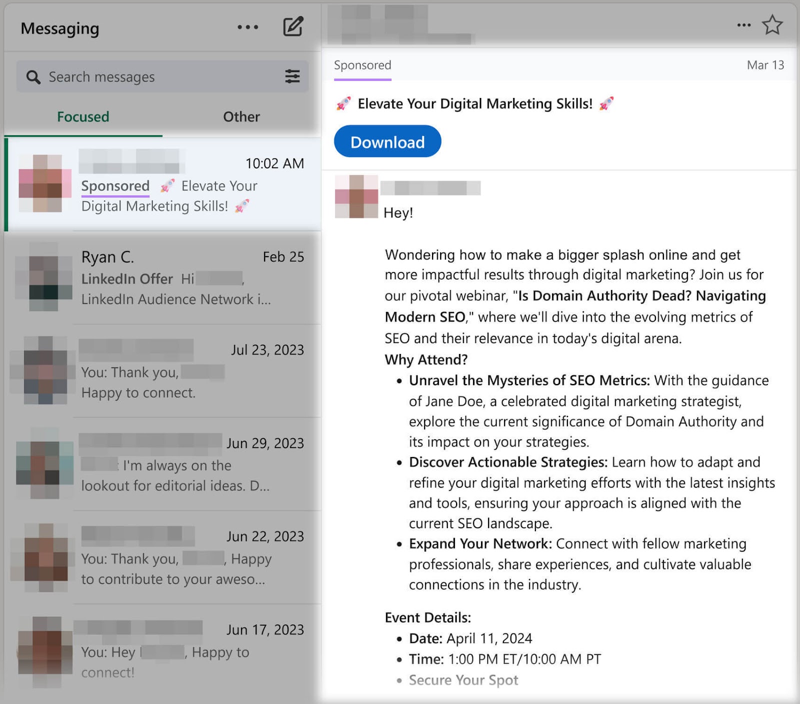 A LinkedIn message ad titled "Elevate Your Digital Marketing Skills"
