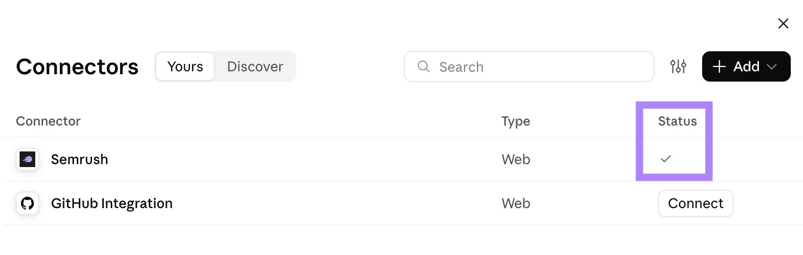 Connectors on Claude showing a checkmark under Semrush connector’s “Status” column.