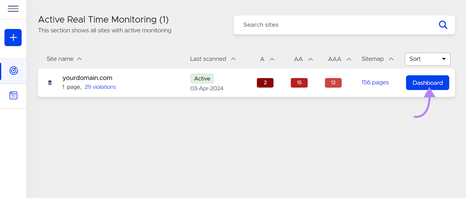 Active real time monitoring dashboard in Accessibility Scan & Monitor app