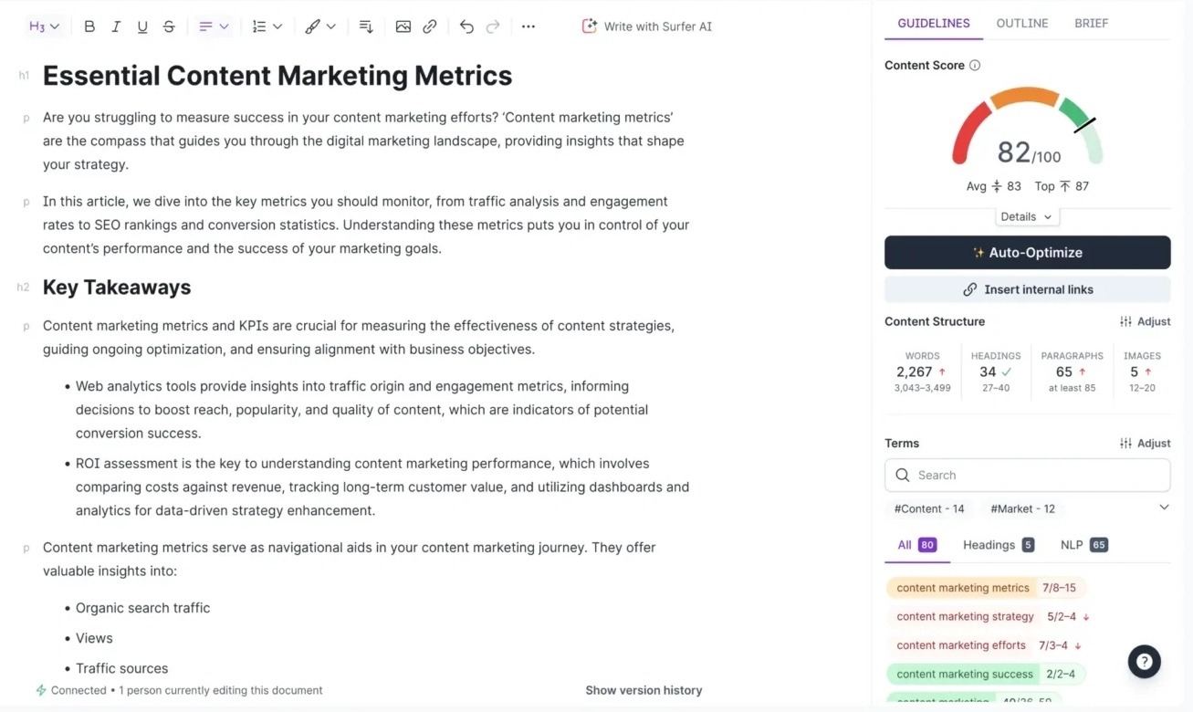 Surfer dashboard showing content on the left and an overall score along with improvement suggestions on the right.