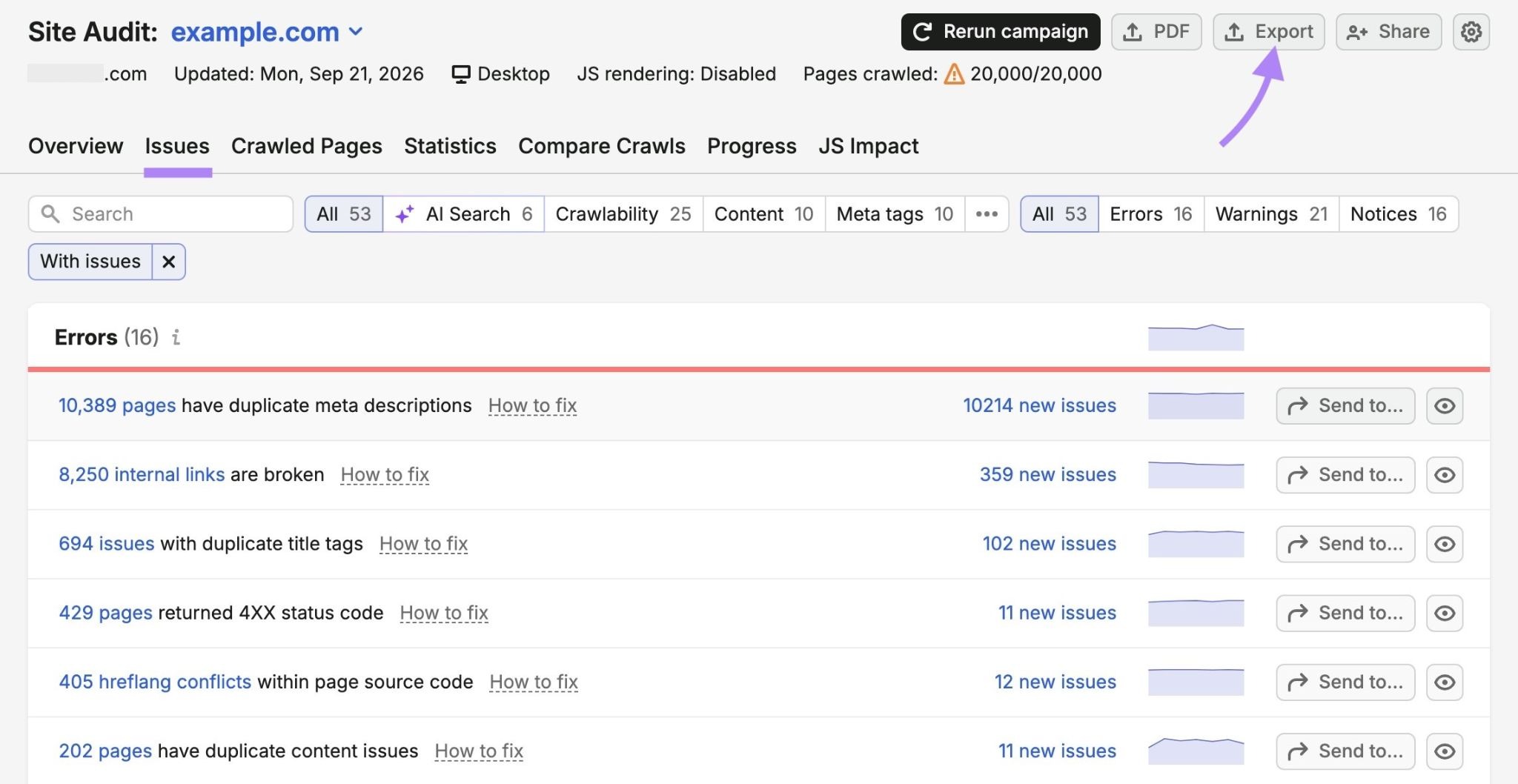 The "Issues" tab on Site Audit with the "Export" button highlighted.