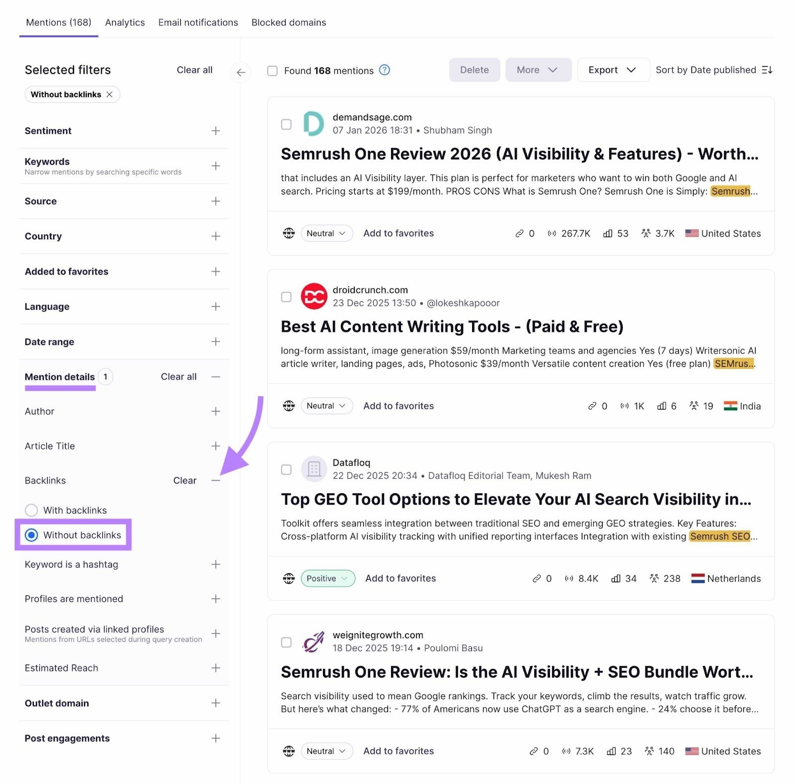 Brand Monitoring tool with a filter applied on the left-menu to show only mentions without backlinks.