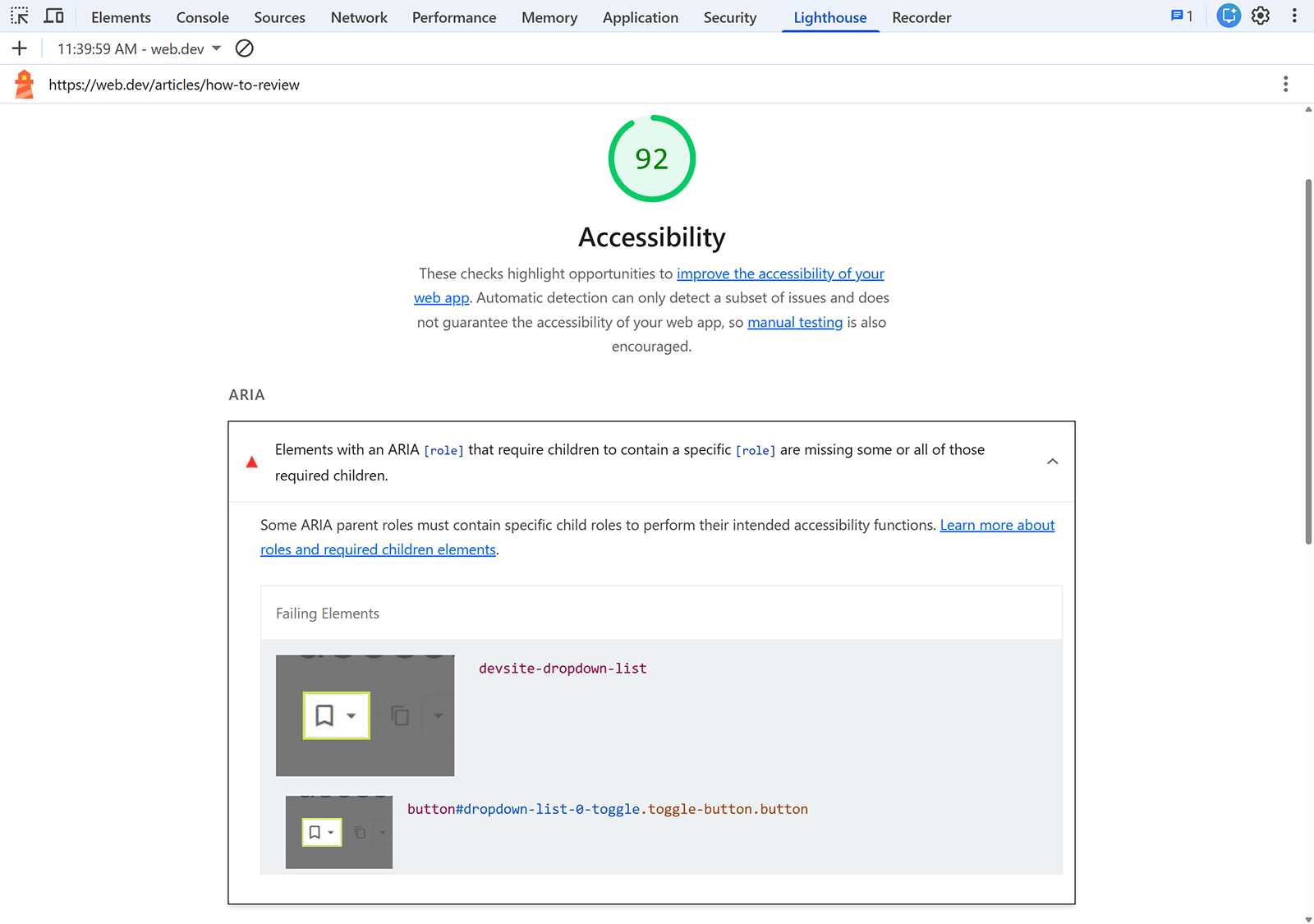 Lighthouse Accessibility report showing score of 92 with ARIA issues listed