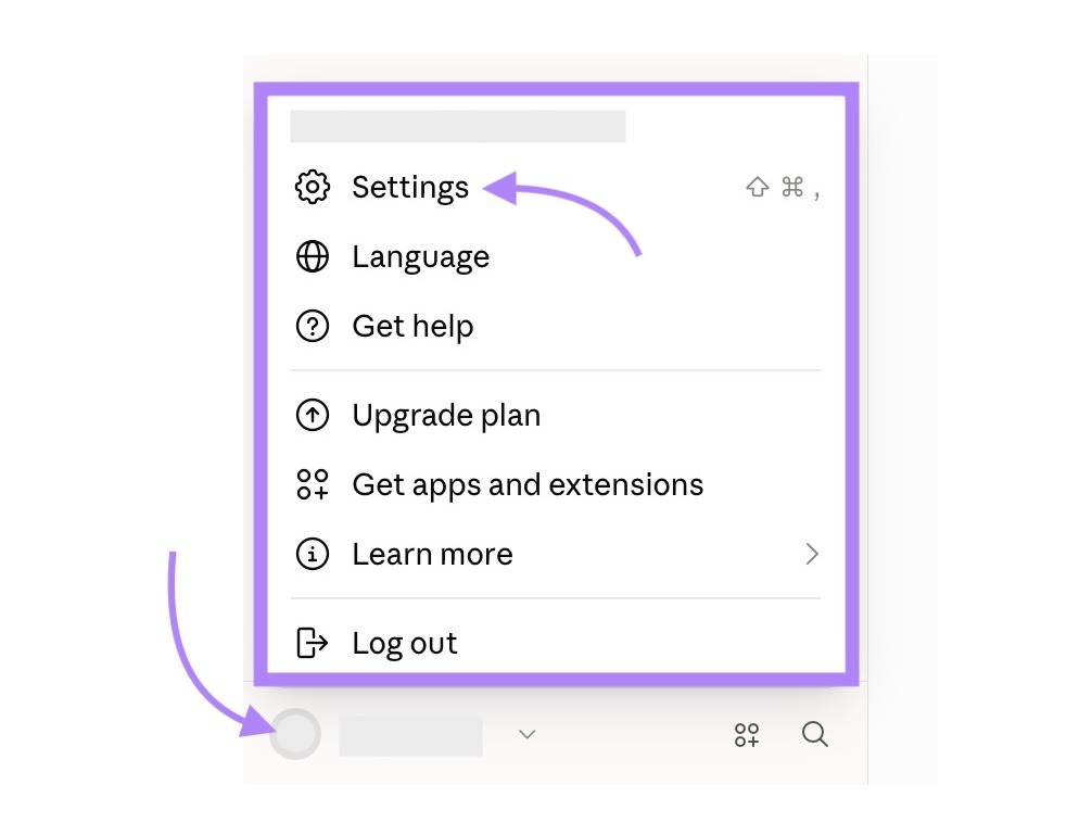 The name icon on the bottom left on Claude clicked and "Settings" selected from the options.