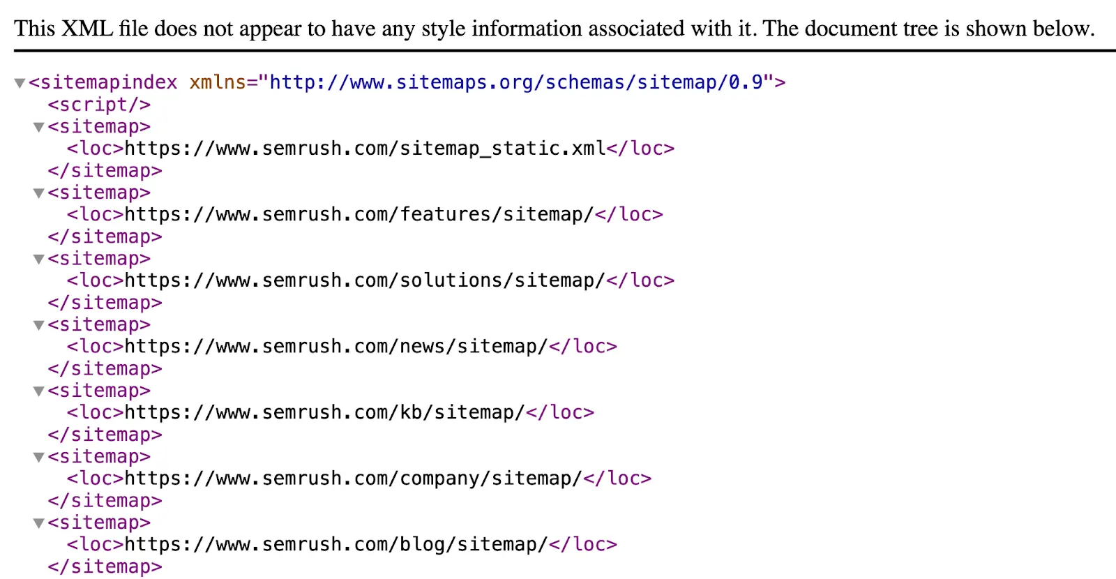 Semrush XML sitemap index listing various URLs.