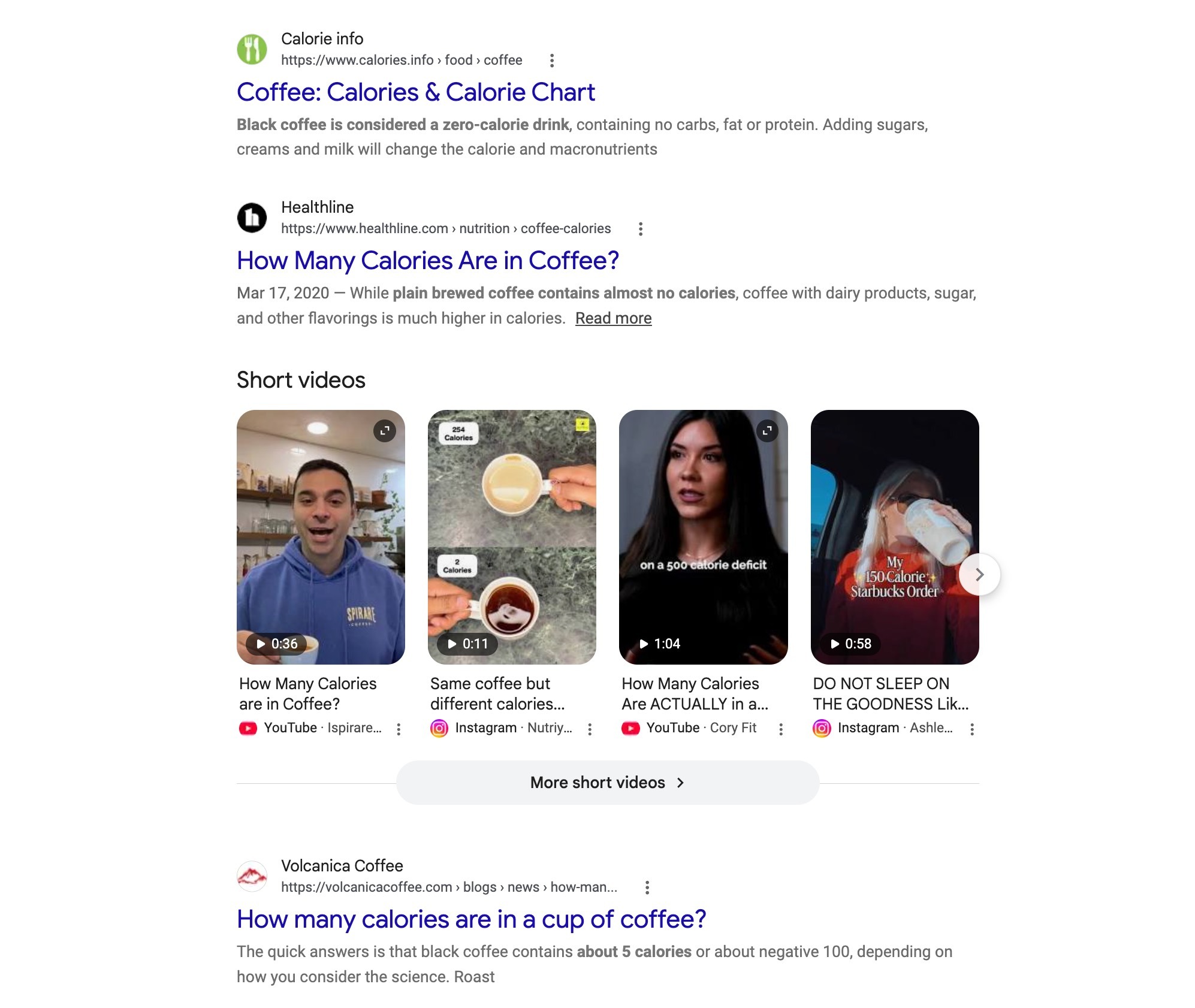 Google SERP for the term "coffee calories" showing informational search intent.