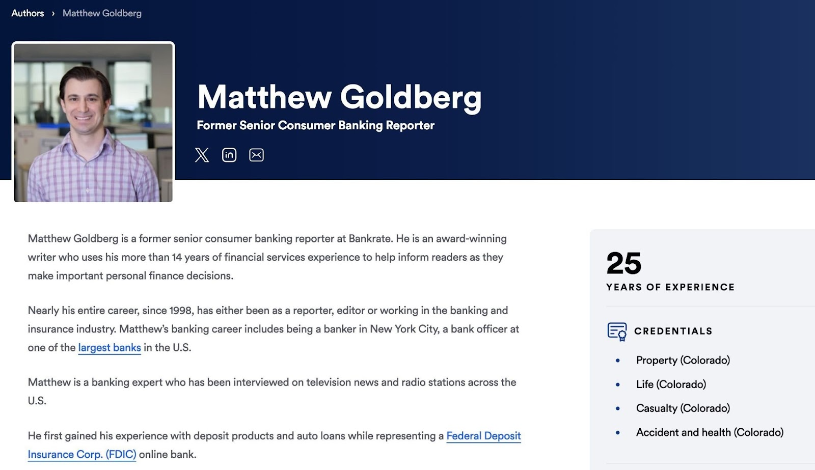 An author bio on Bankrate detailing a writer's credentials and background.