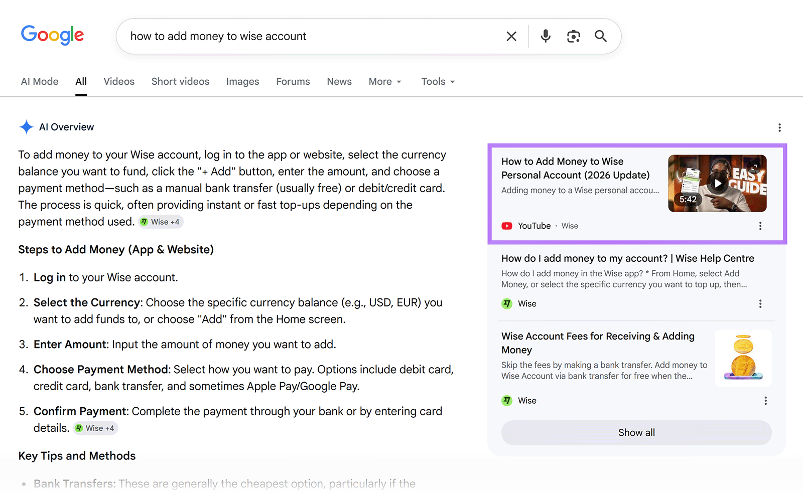 Google AI Overview for adding money to Wise prominently features Wise’s YouTube tutorial as a cited source
