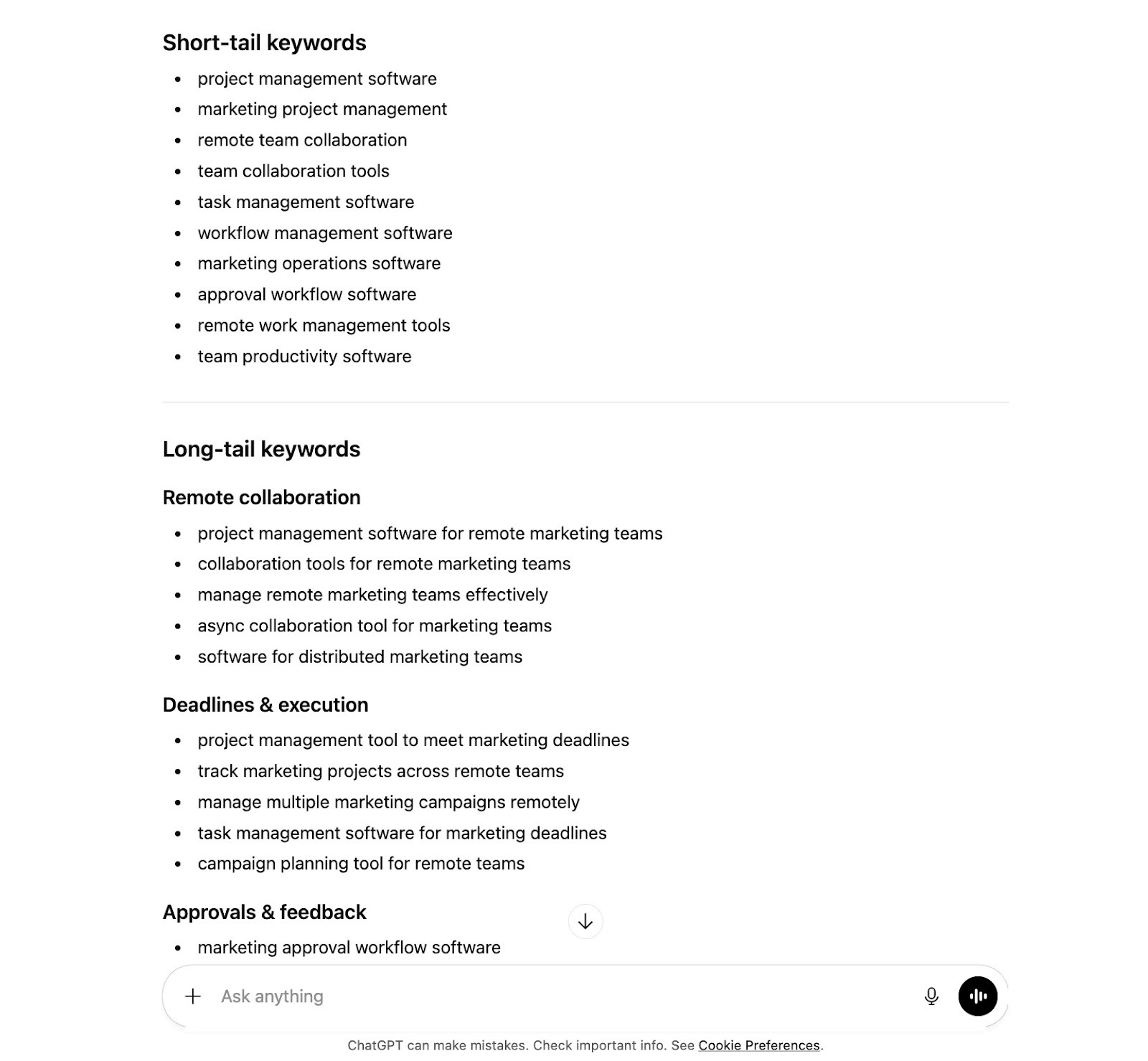 Short-tail and long-tail keyword ideas generated by ChatGPT based on a prompt.