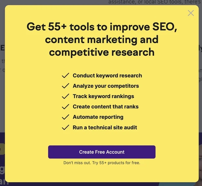 A popup on the Semrush blog with the headline reading "Get 55+ tools to improve SEO, content marketing and competitive research".