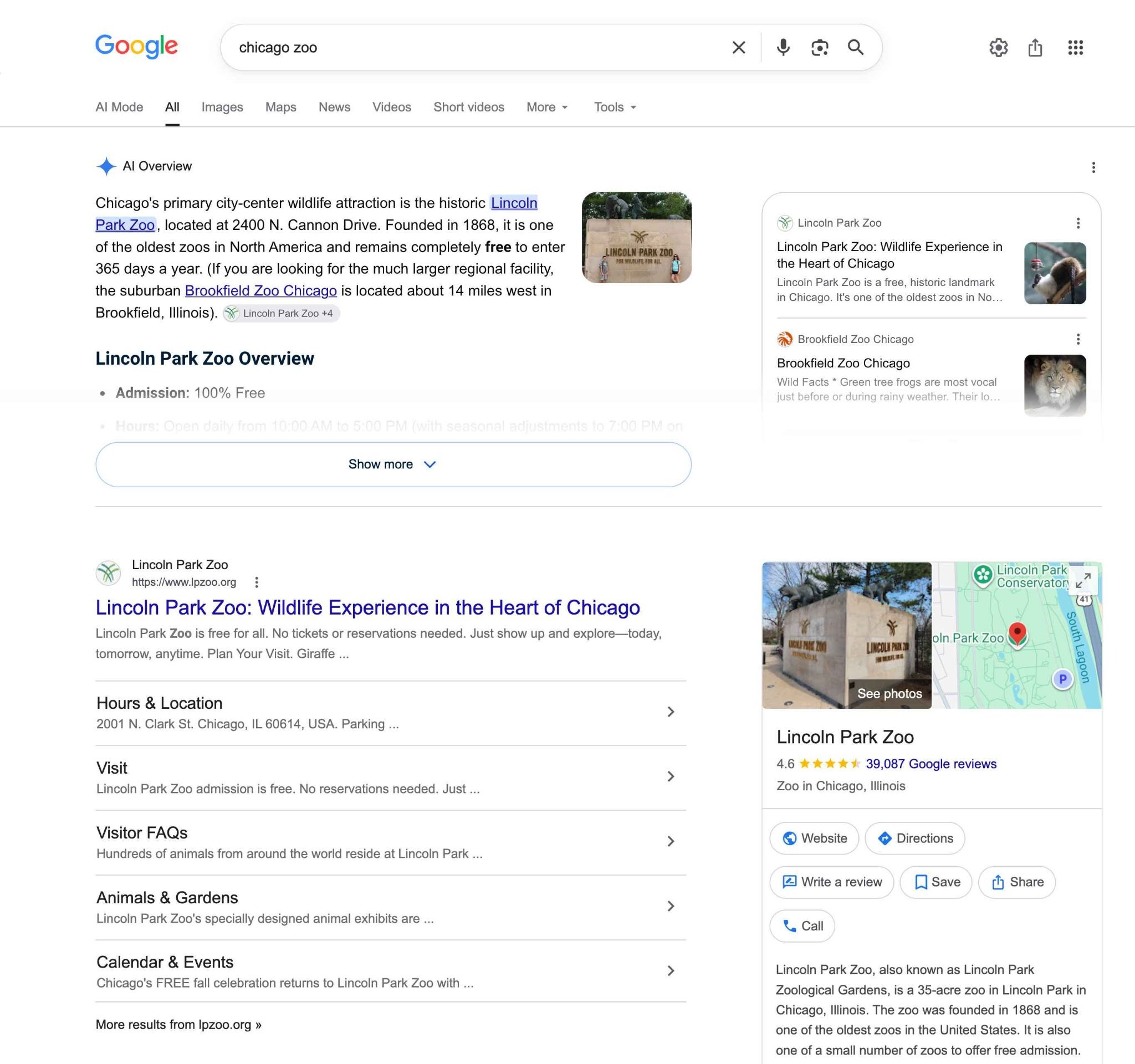 Google SERP for the term "lincoln zoo" with the 'Lincoln Park Zoo' appearing multiple times in the AI Overview and organic results.