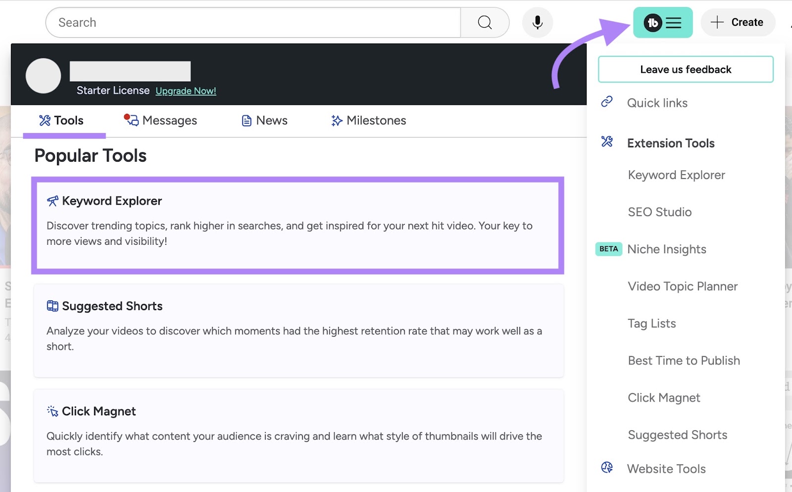 The TubeBuddy extension opened and "Keyword Explorer" selected from the window.