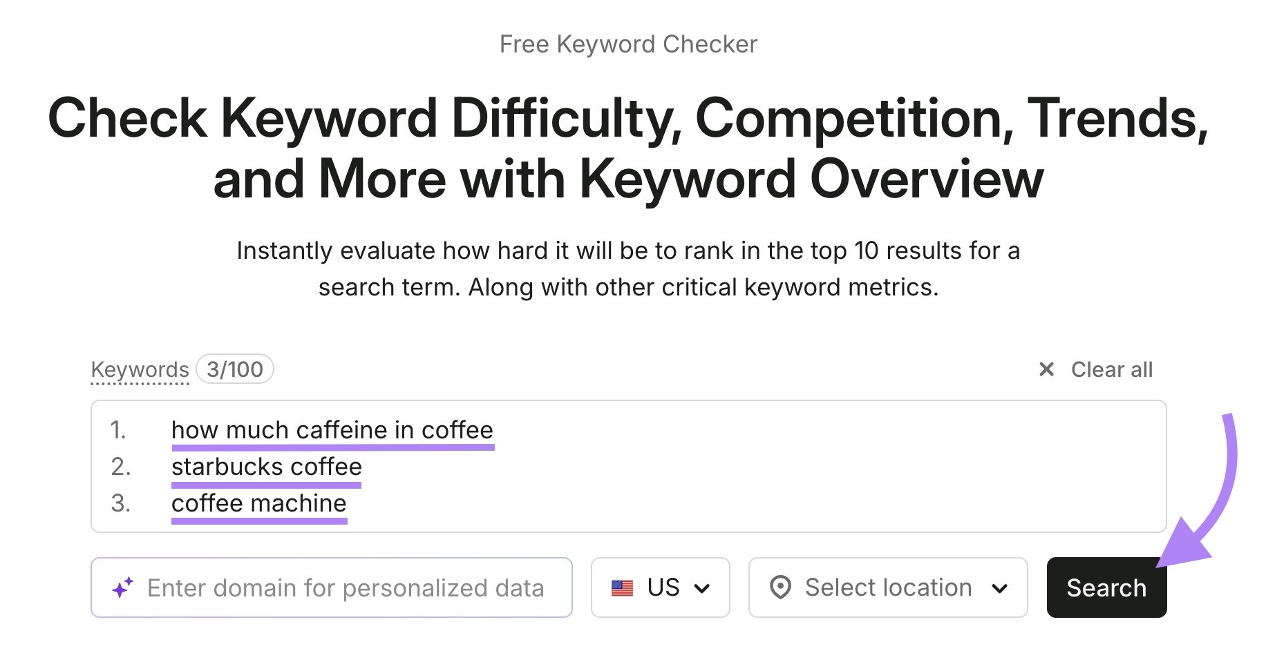 Keyword Overview with three keywords entered and "Search" clicked.