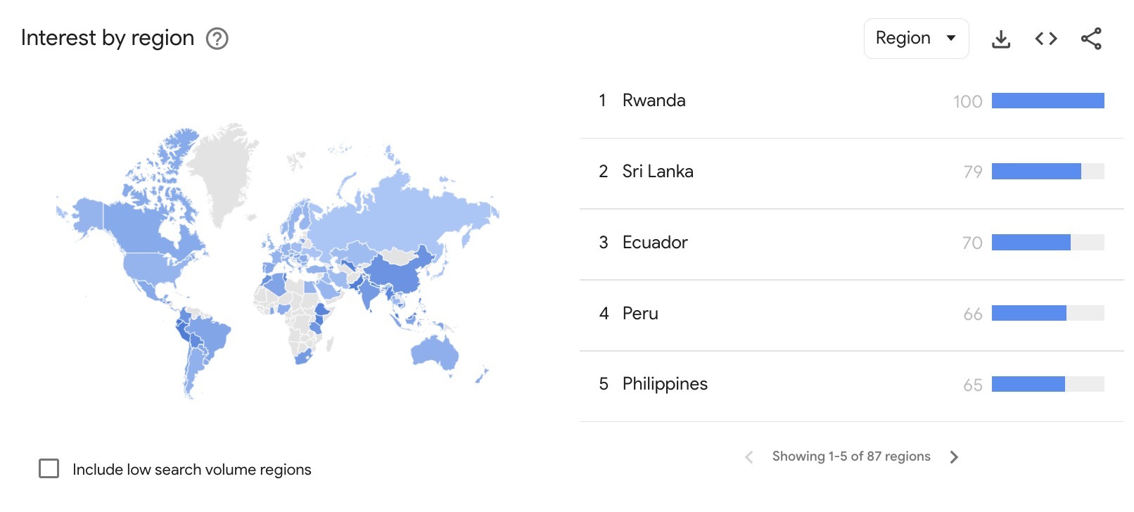"Interest by region" on Google Trends showing the locations in which a search term is most popular during a given time frame.