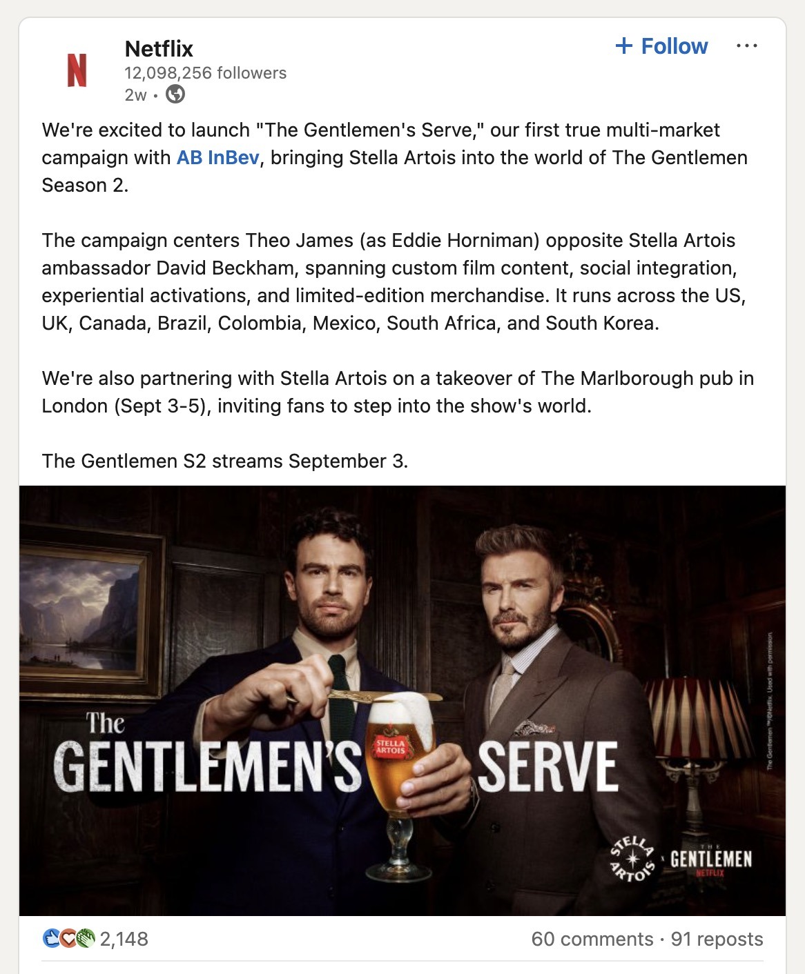 A post on LinkedIn by Netflix detailing a multi-market campaign along with the season two release date of the TV show “The Gentlemen”.