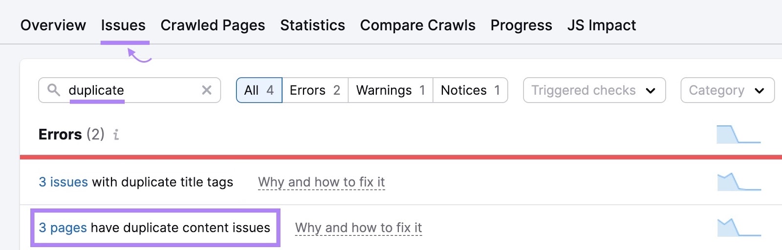Issues tab on Site Audit with "duplicate" entered in the search bar and duplicate content errors highlighted.
