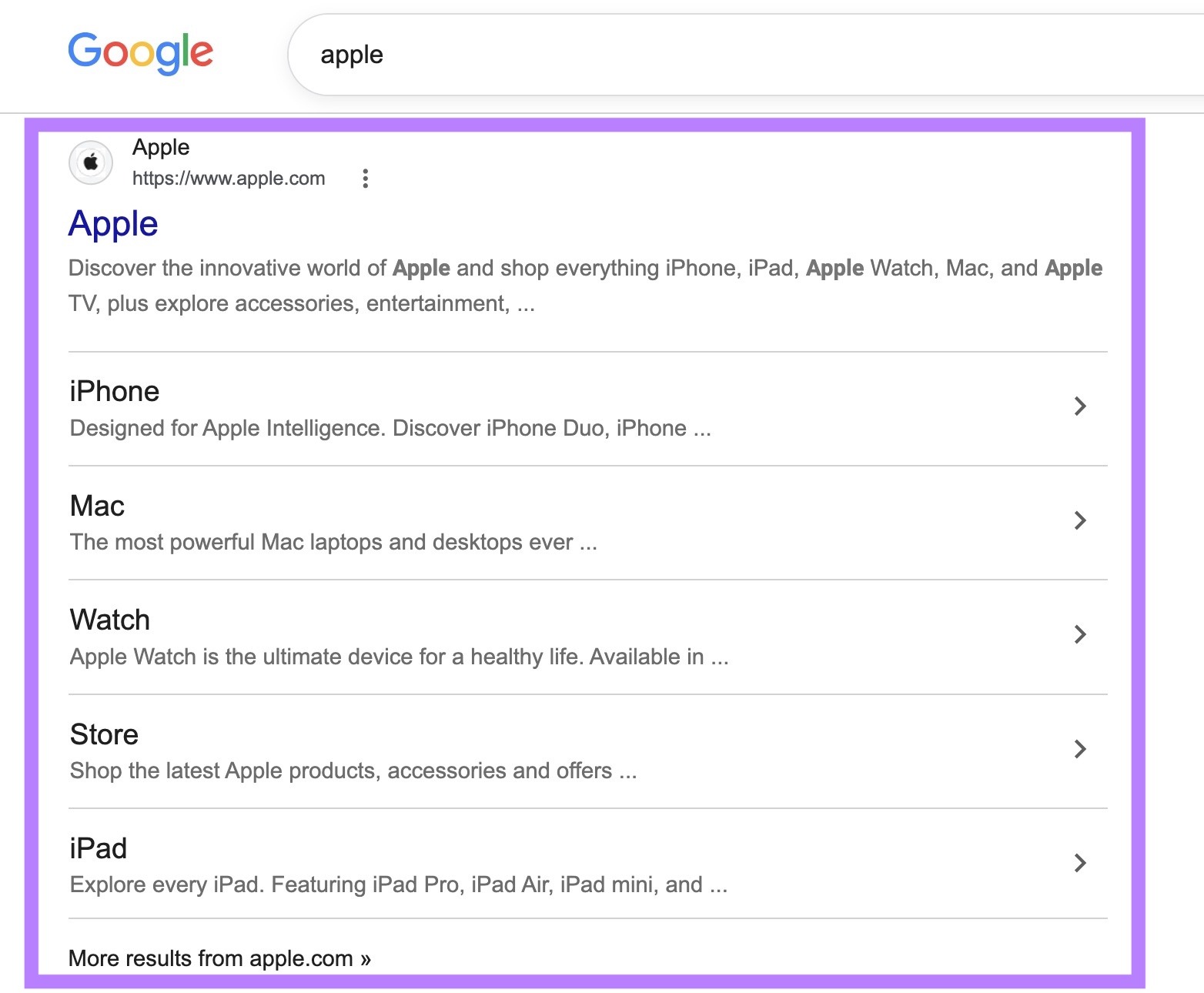 Google SERP for the term "apple" showing the website of the tech brand, Apple, as the top result.