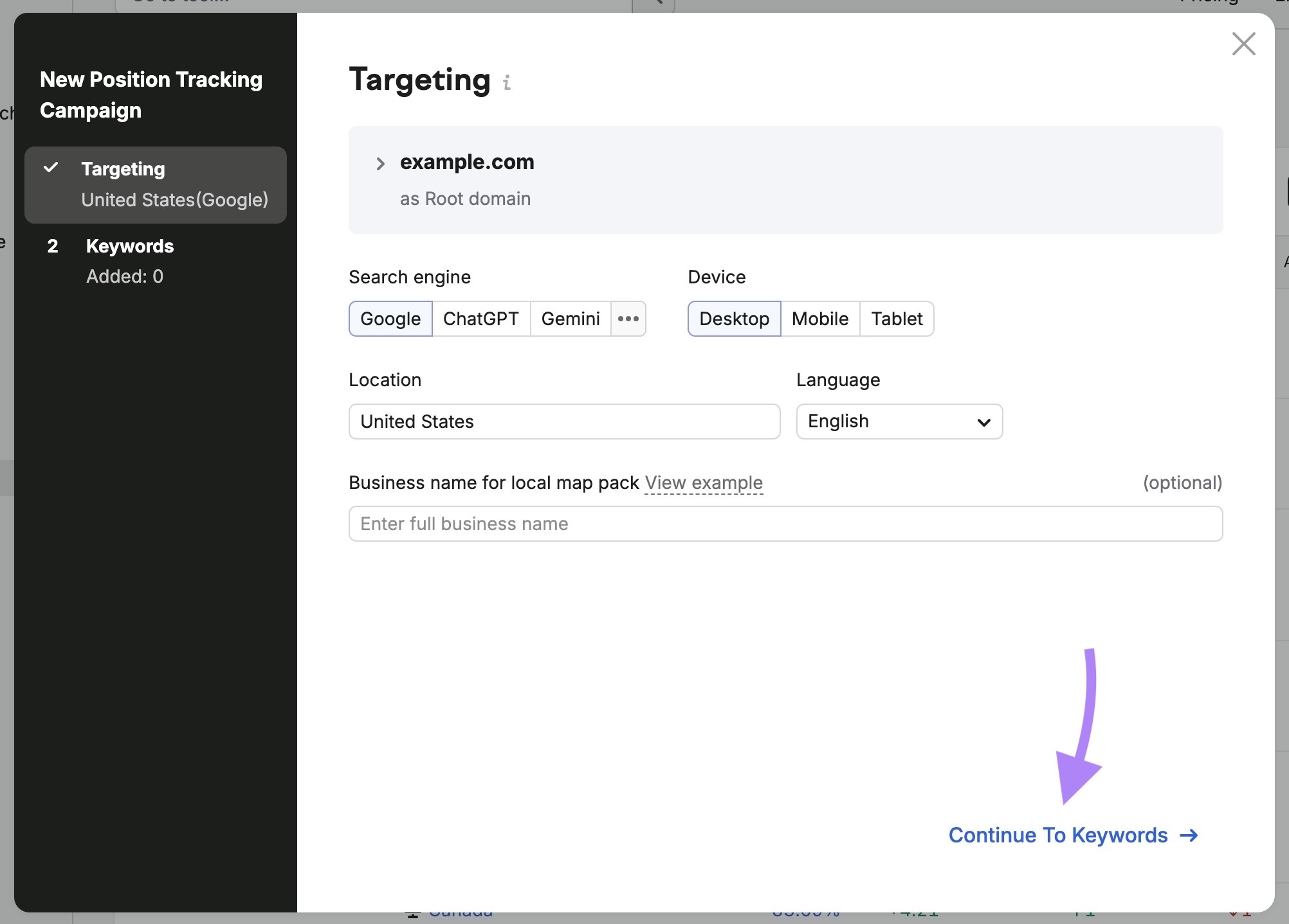 Targeting settings on Position Tracking with options to select the search engine, device, location, and language.