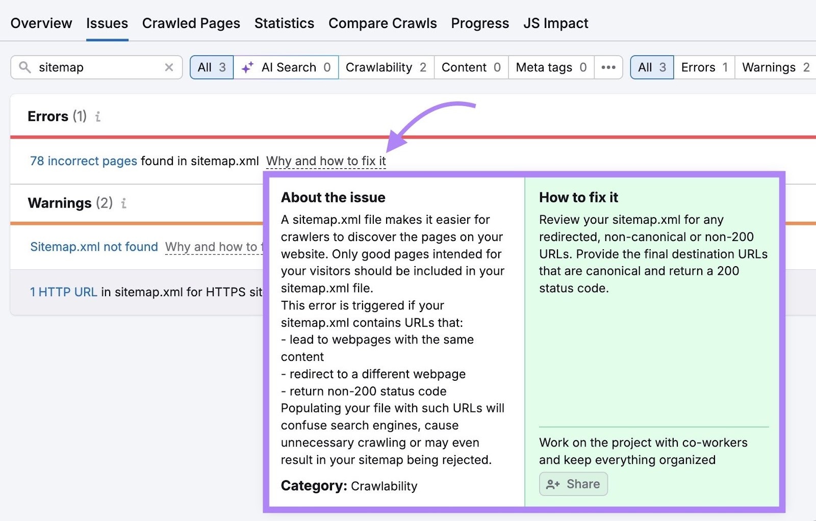 The "Issues" tab on Site Audit with "Why and how to fix it" clicked next to a sitemap error.