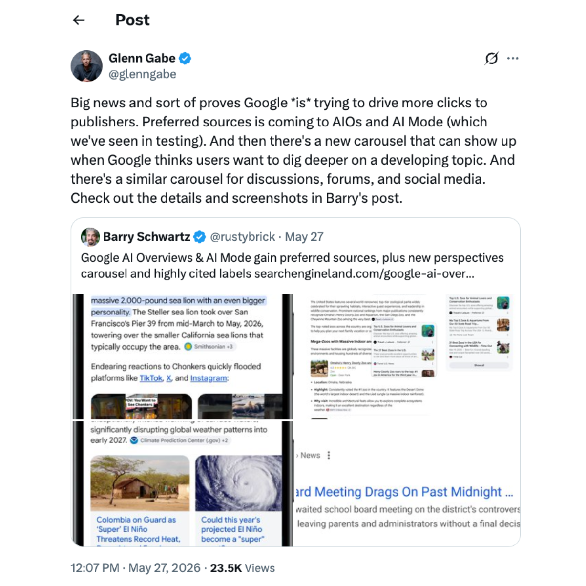 Glenn Gabe's X post explains that Preferred Sources coming to AI experiences could benefit publishers.