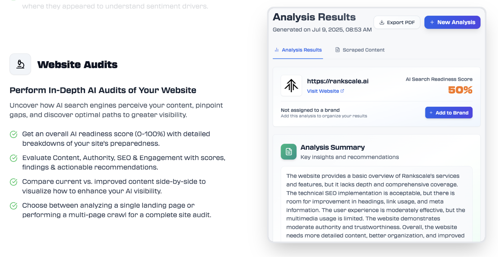 The tool's website audit includes analysis results that show an AI search readiness score and reasoning.