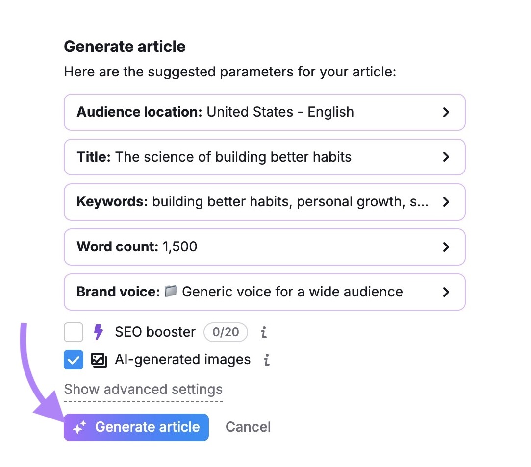AI Article Generator settings with the input boxes filled and "Generate article" clicked.