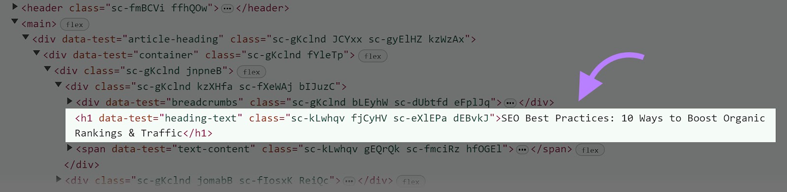 Heading 1 tag shown in the HTML code of a Semrush article.