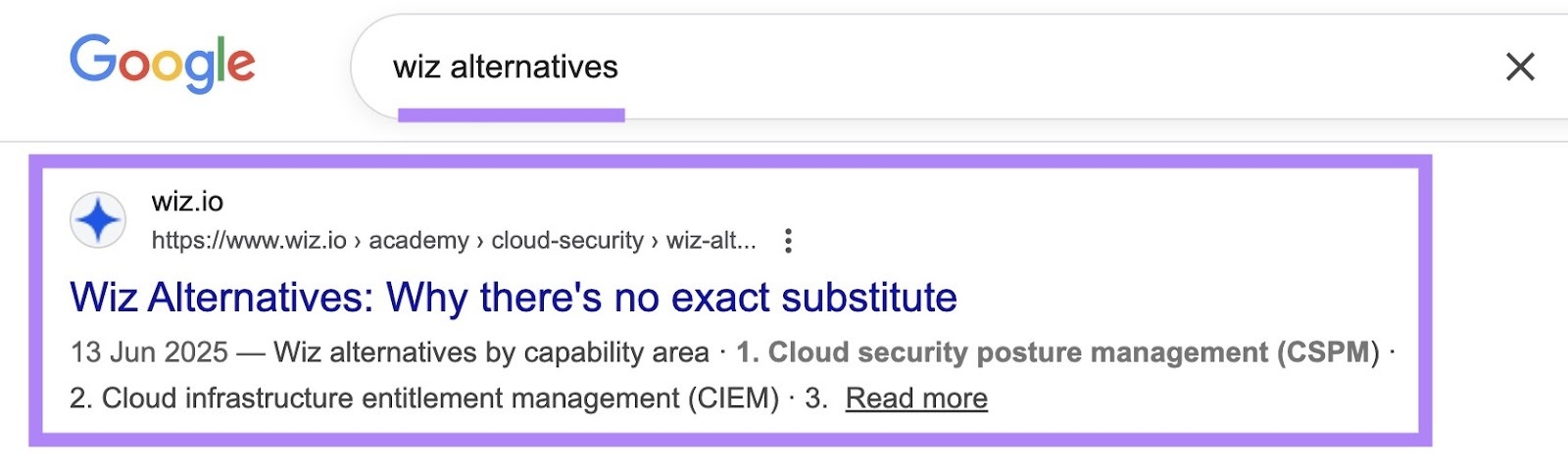 Google SERP with "wiz alternatives" entered as the term showing a result by Wiz with a page titled "Why there's no exact substitute."