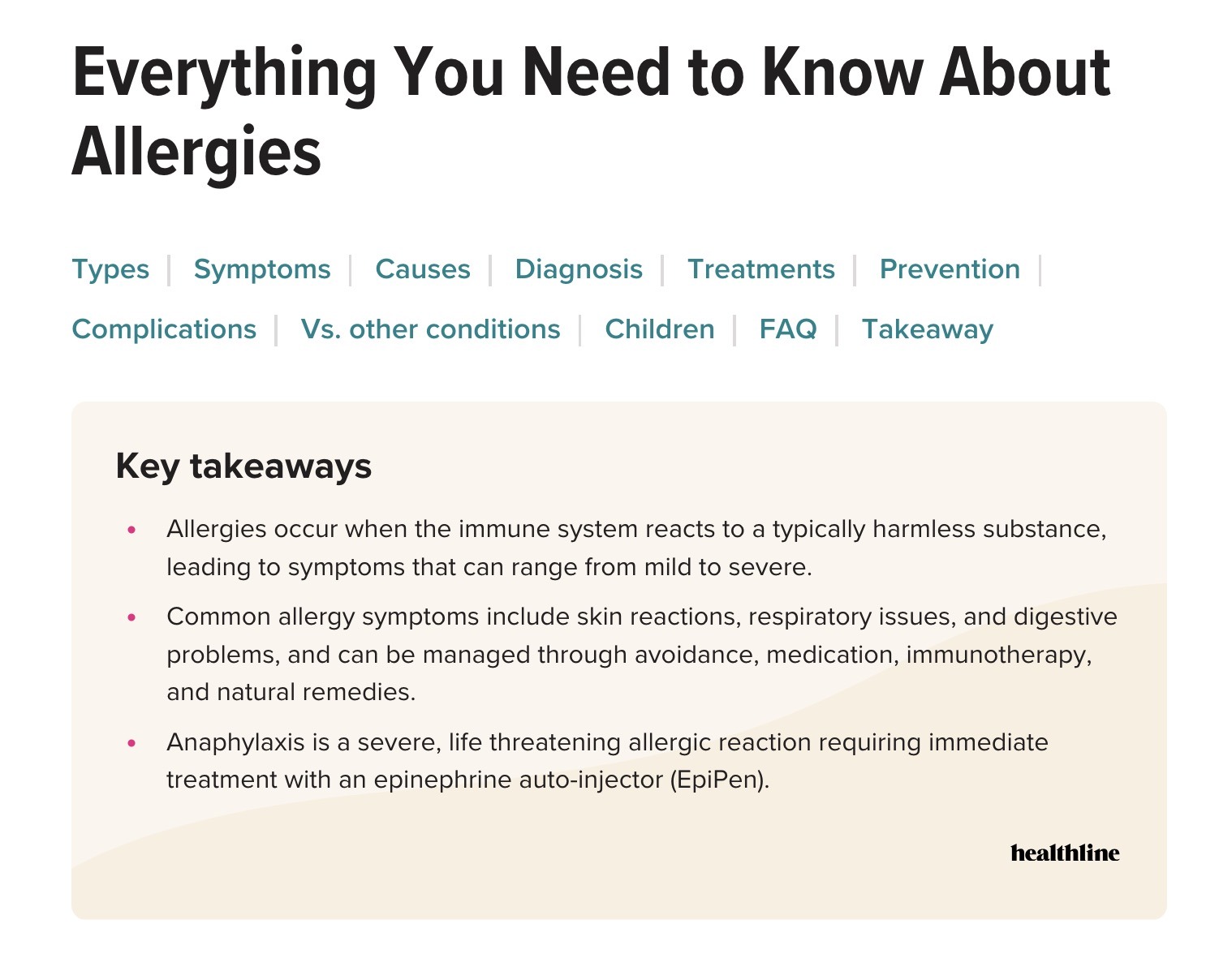 A list of links to each section and a key takeaways box at the top of a pillar page by Healthline.
