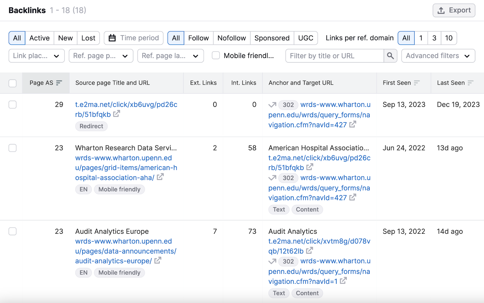 "Backlinks" report in Backlinks tool