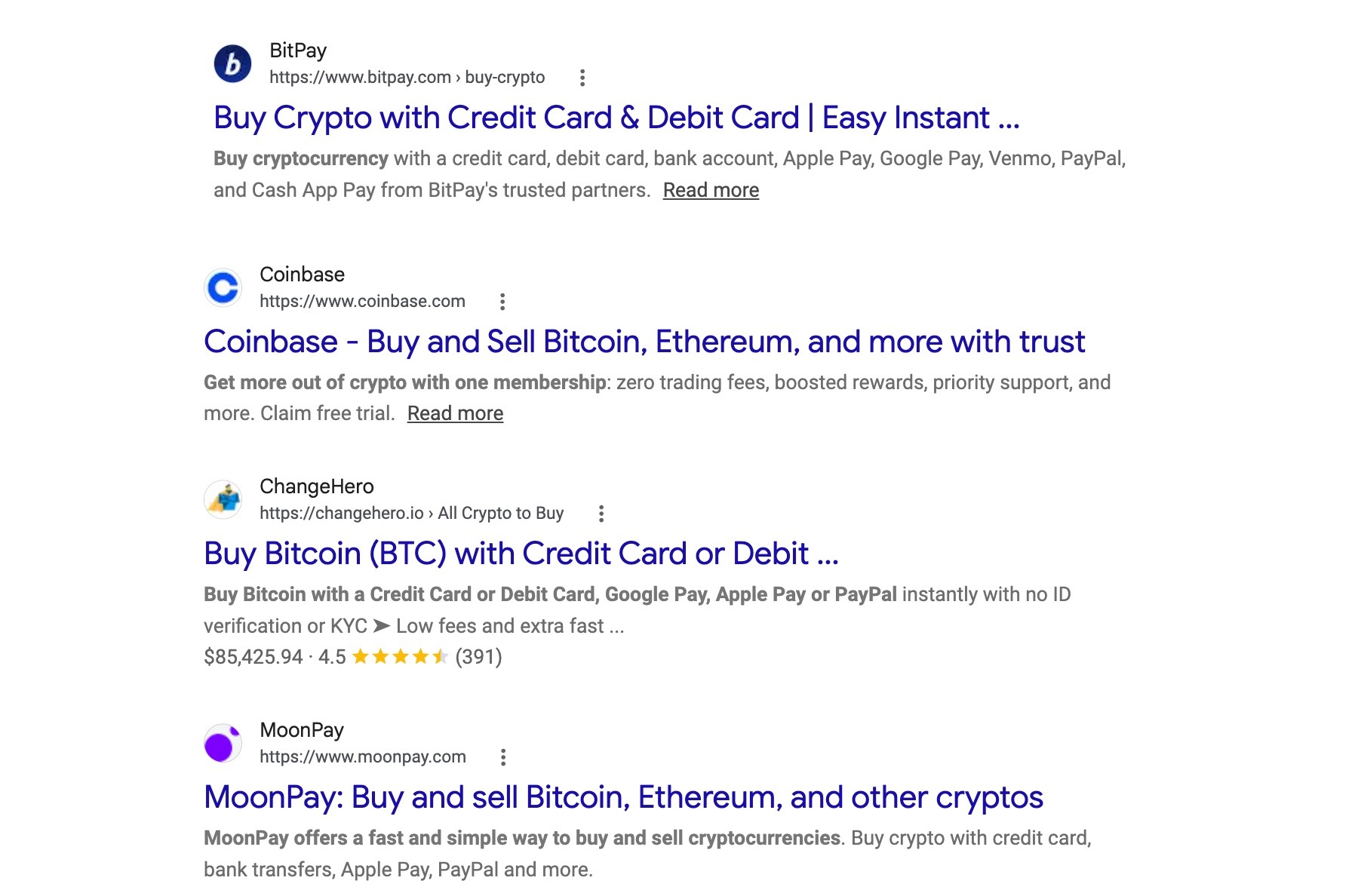 Google SERP for the term "buy crypto online" showing pages where users can buy cryptocurrency directly.
