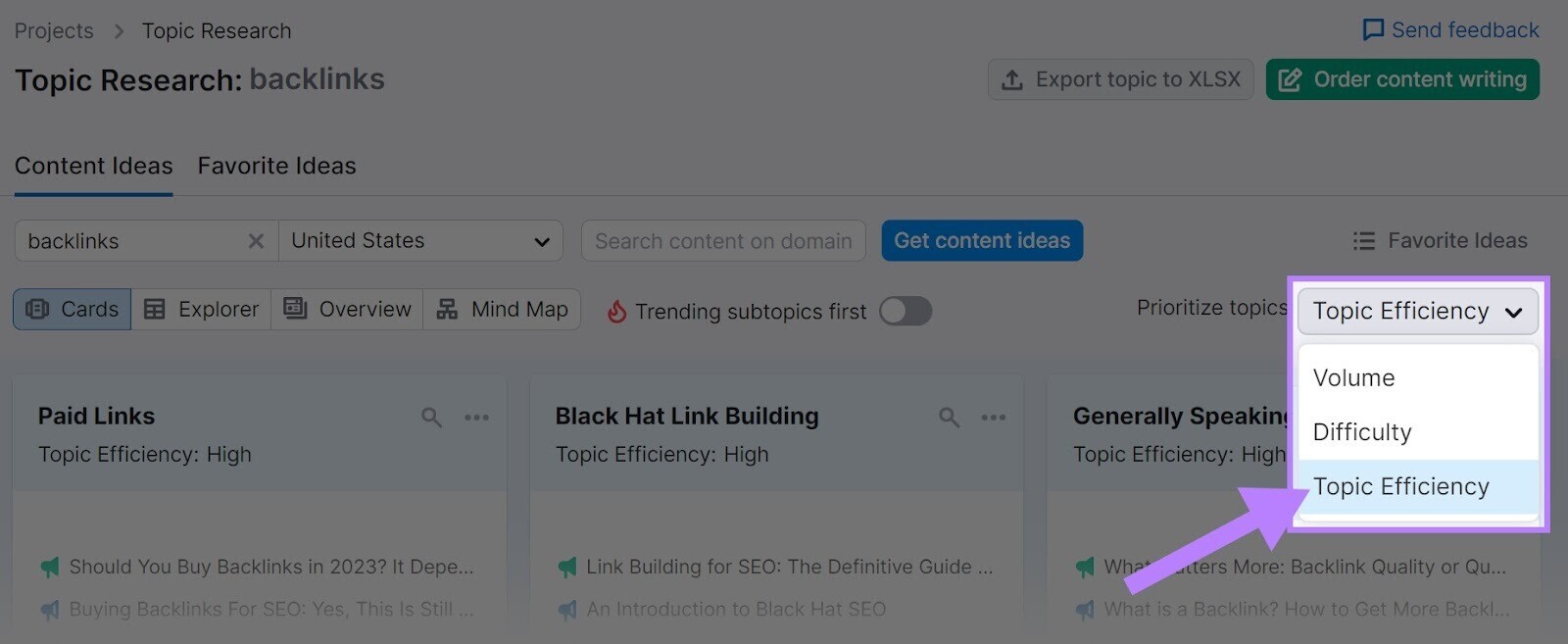 “Topic Efficiency” filter highlighted