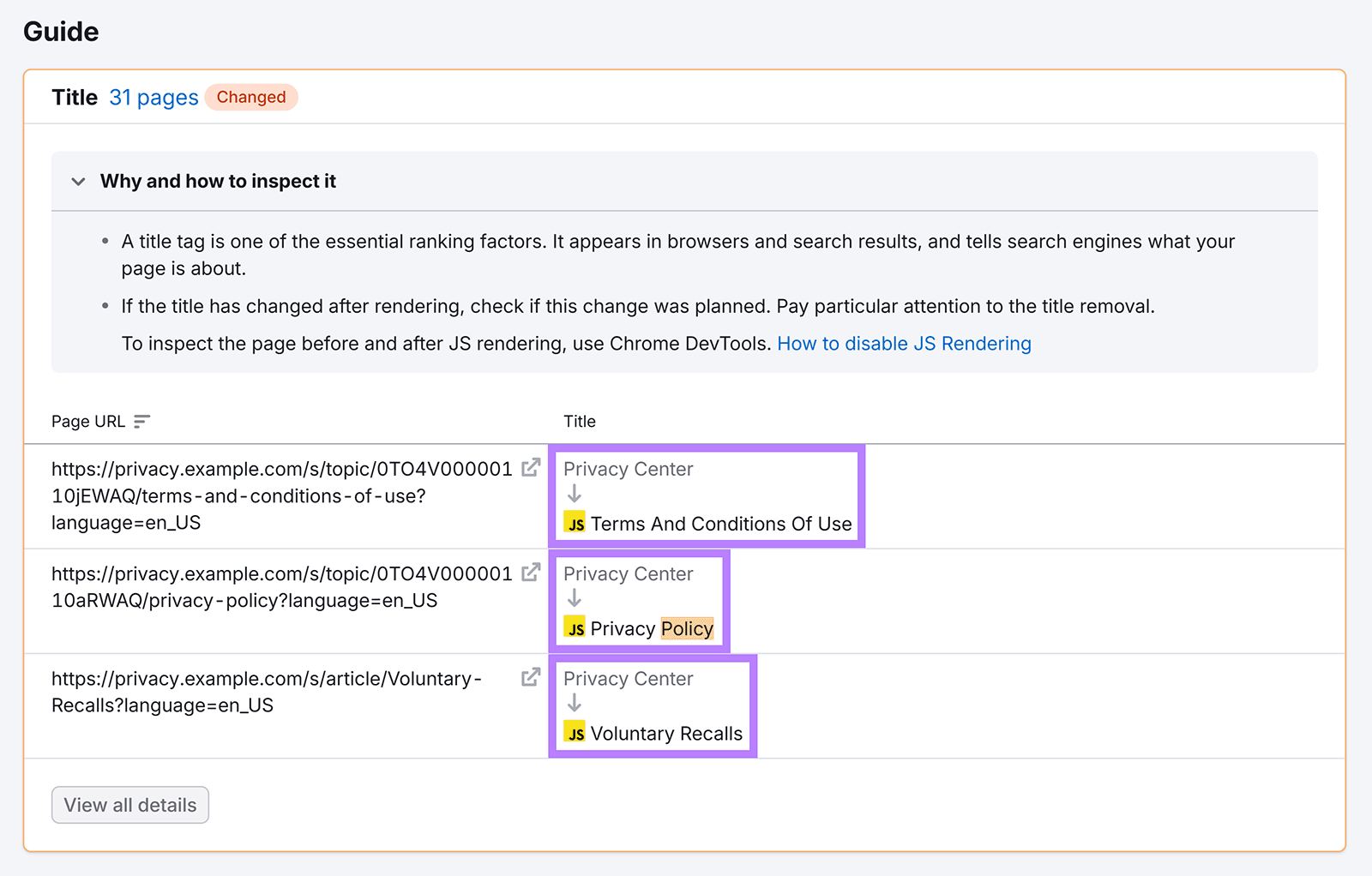 Semrush JS Impact guide showing pages where JavaScript changed page titles after rendering