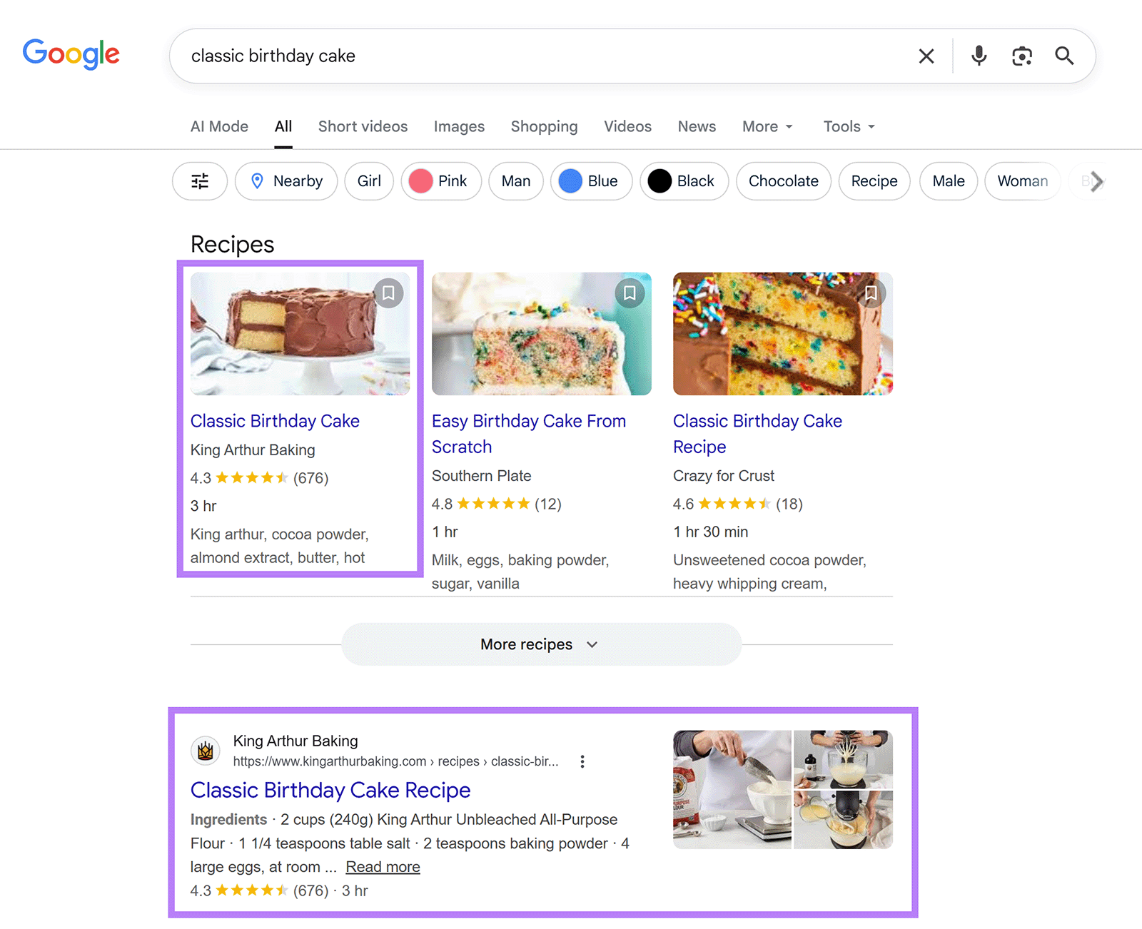 Google search results with recipe rich snippets showing images, ratings, and cooking time.
