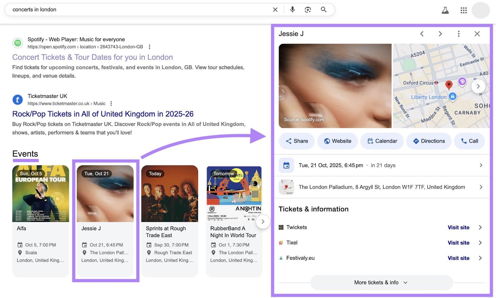 SERP for the term "concerts in london" with a listing from the "Events" section clicked revealing a panel with more information about the event.