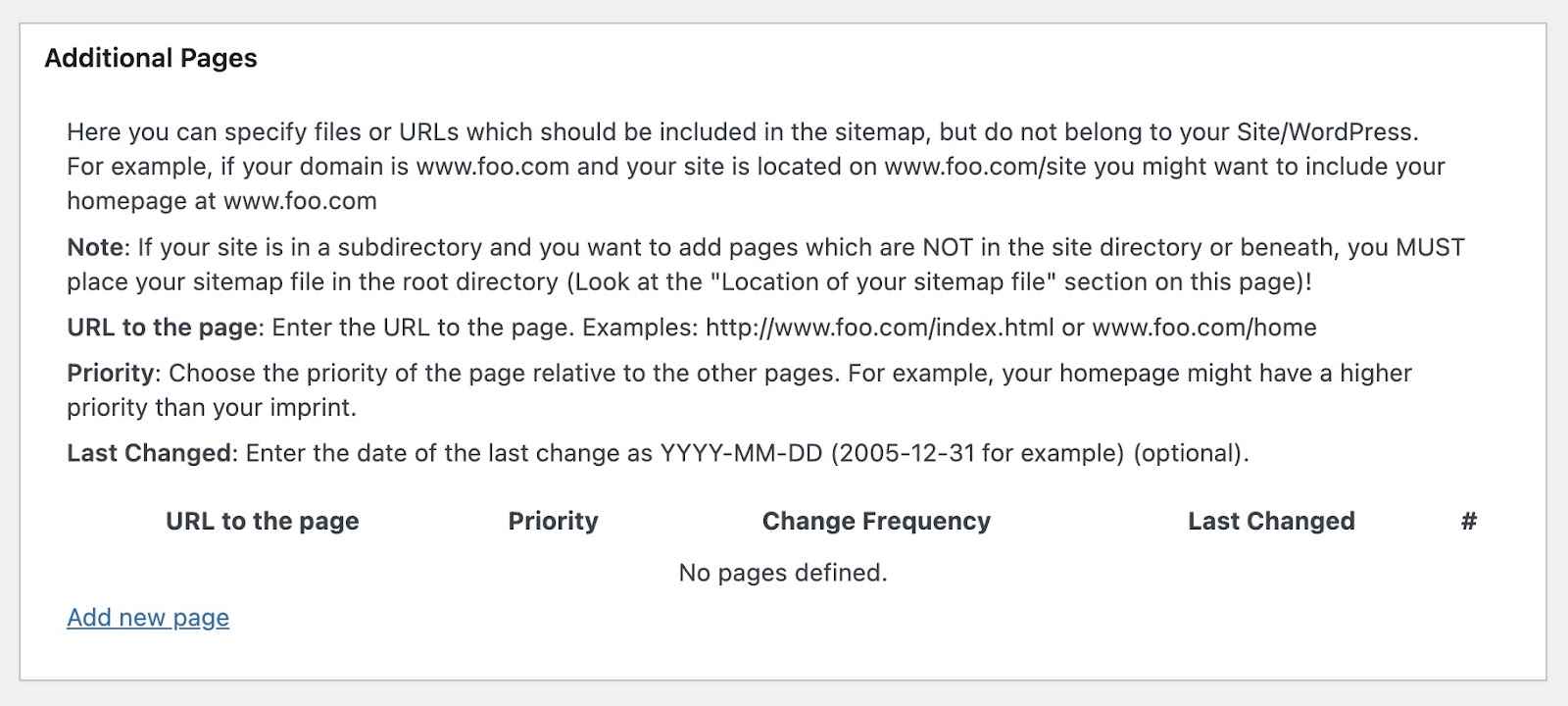Additional Pages section to manually add URLs to a sitemap on the XML-Sitemap Generator for Google on WordPress.
