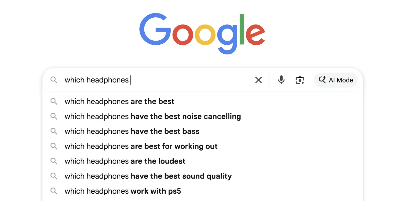 "which headphones" entered on Google showing a list of related suggestions.