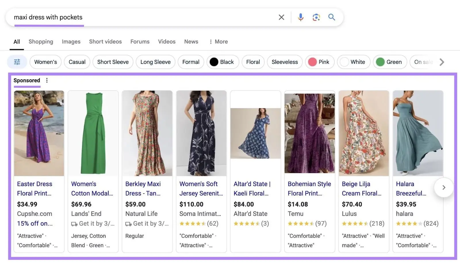 Google Shopping ads for 'maxi dress with pockets'
