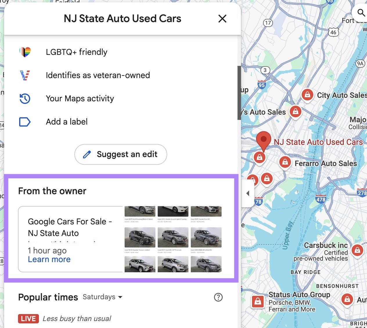 The "From the owner" section highlighted on a Google Maps listing.