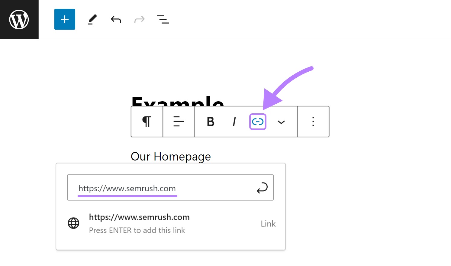 Linking "Our Homepage" text to "sr01.amztools.in" in WordPress editor