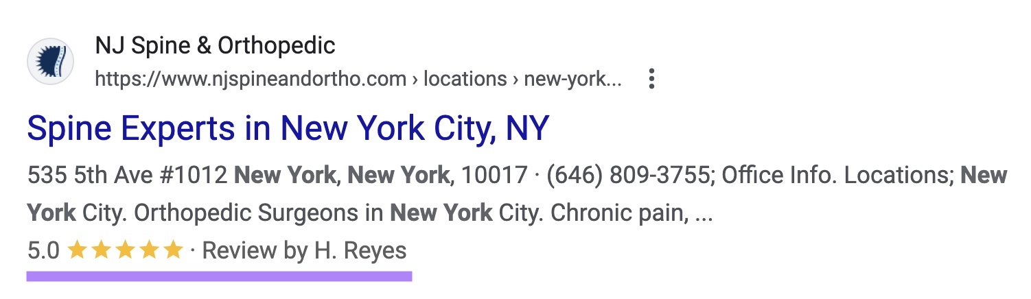 Medical schema showing a star rating and by who it was given on a SERP listing.