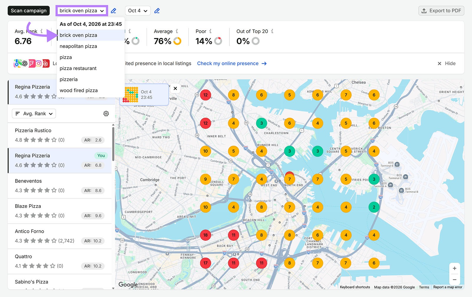 Semrush Map Rank Tracker heatmap showing Regina Pizzeria’s local rankings across Boston for “brick oven pizza.”