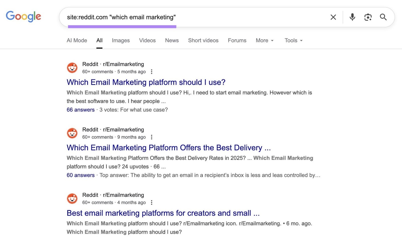 Using an exact phrase site search syntax to find Reddit discussions with a specific phrase.