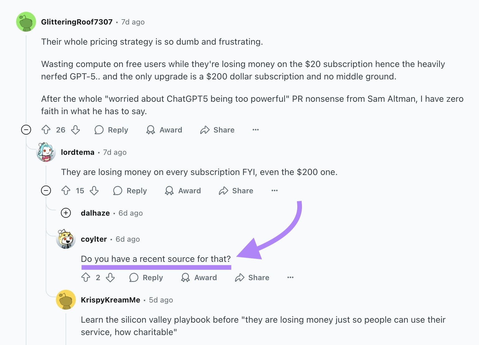 A thread on Reddit with a comment by a Redditor asking for a source highlighted.