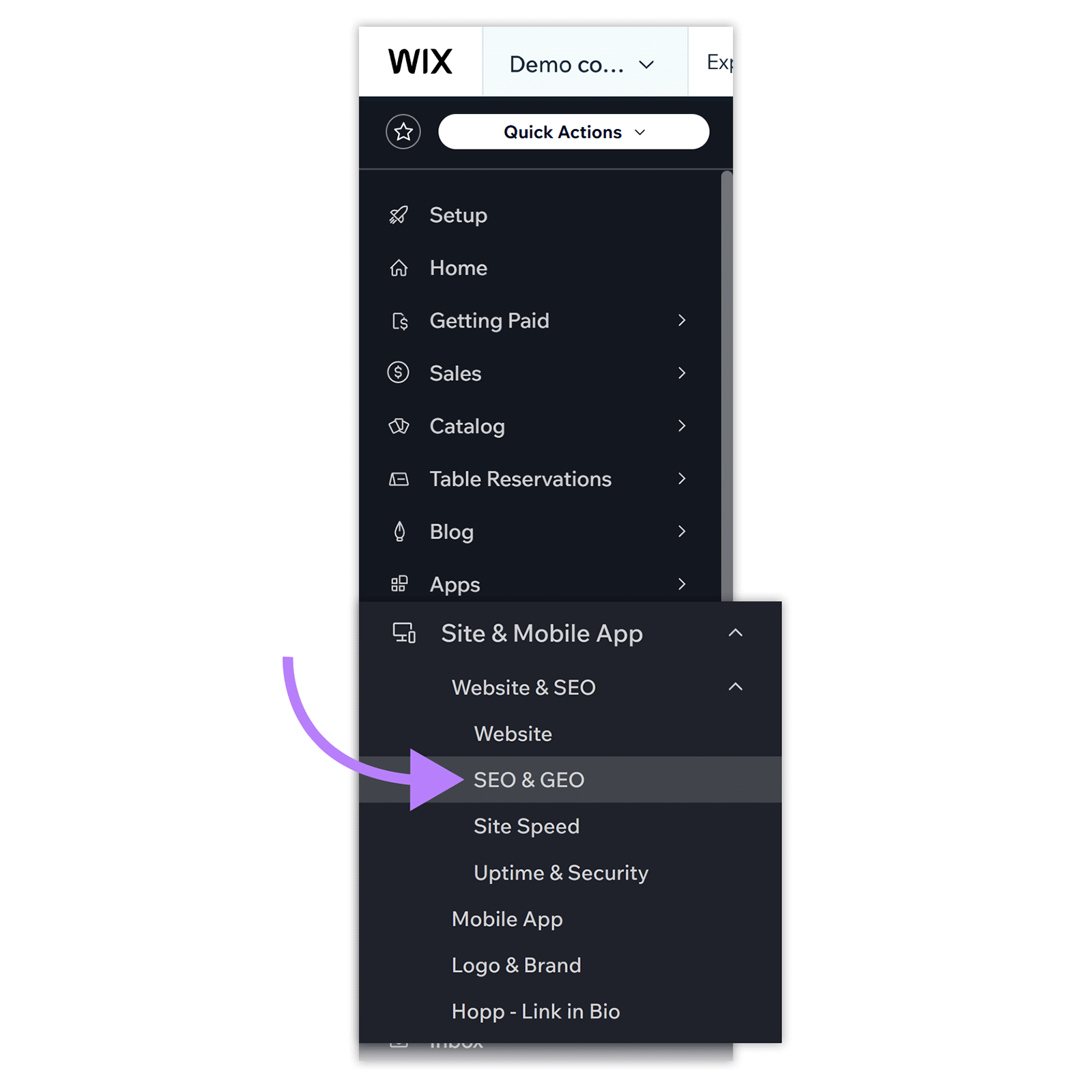 Wix navigation sidebar with the "SEO & GEO" menu option highlighted